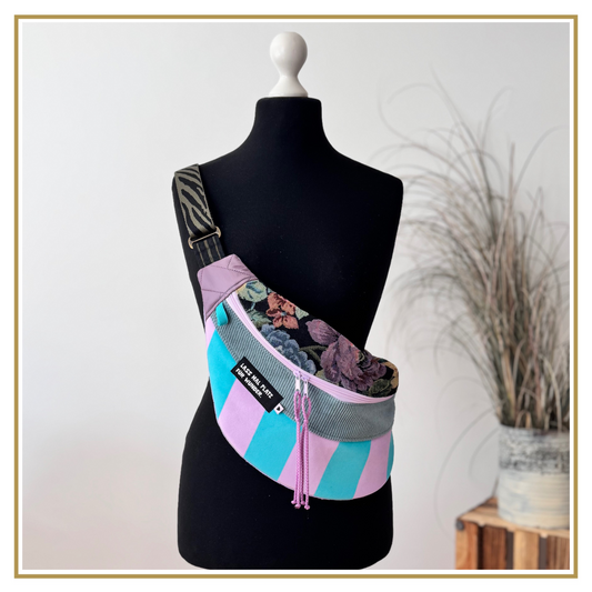 MOONBAG - BIG - Brokat Pfingstrose / Samt salbei / Samt Streifen Flieder türkis