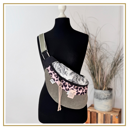 MOONBAG - BIG - Brokat Palmen / Softshell Leo natur / Cord oliv / Denim schwarz