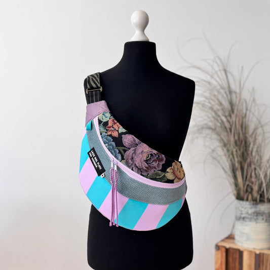 MOONBAG - BIG - Brokat Pfingstrose / Samt salbei / Samt Streifen Flieder türkis